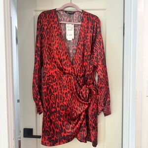 Zara Red Leopard Print Silky Wrap Dress - XXL New w/ Tags